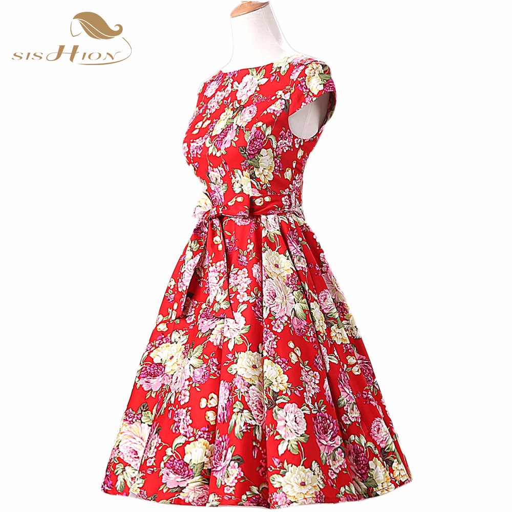 SISHION-Casual-Women-Dress-Summer-Short-Sleeve-Tunic-Retro-Vintage-50s-60s-Big-Swing-Midi-Red-Floral-32653553598