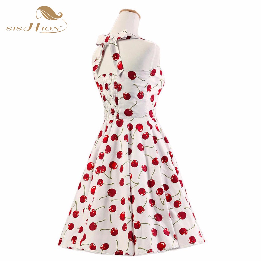 SISHION-Halter-Pin-Up-Audrey-hepburn-50s-60s-Vintage-Dress-Short-Cherry-Print-Floral-Swing-Retro-Roc-32449105439