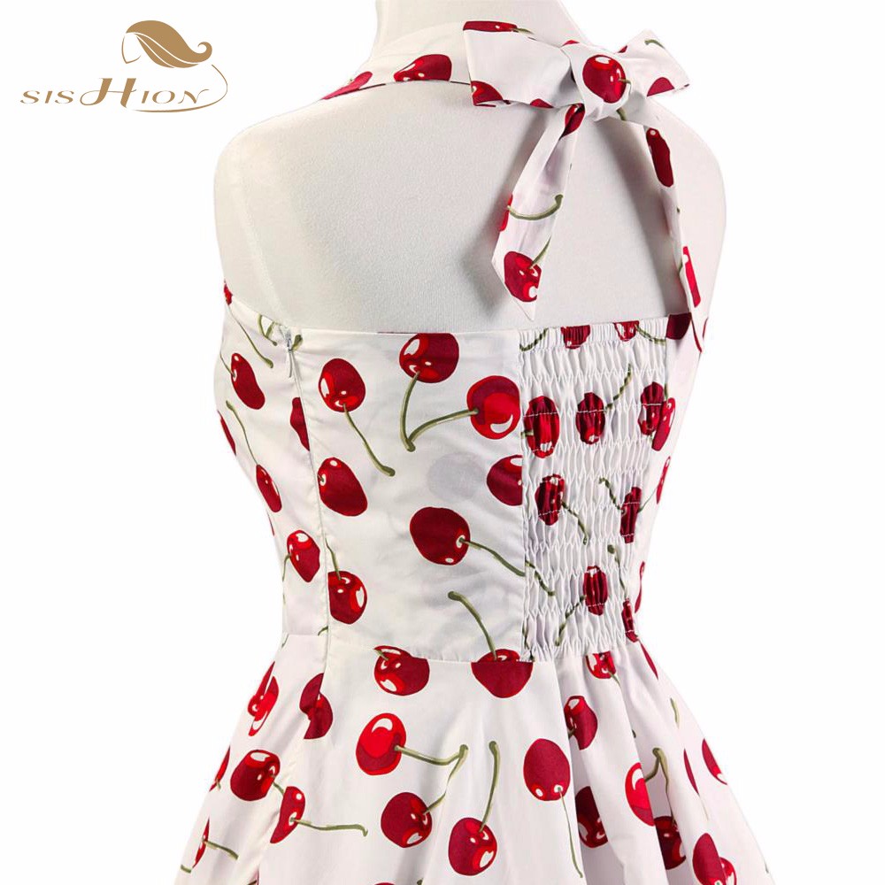 SISHION-Halter-Pin-Up-Audrey-hepburn-50s-60s-Vintage-Dress-Short-Cherry-Print-Floral-Swing-Retro-Roc-32449105439