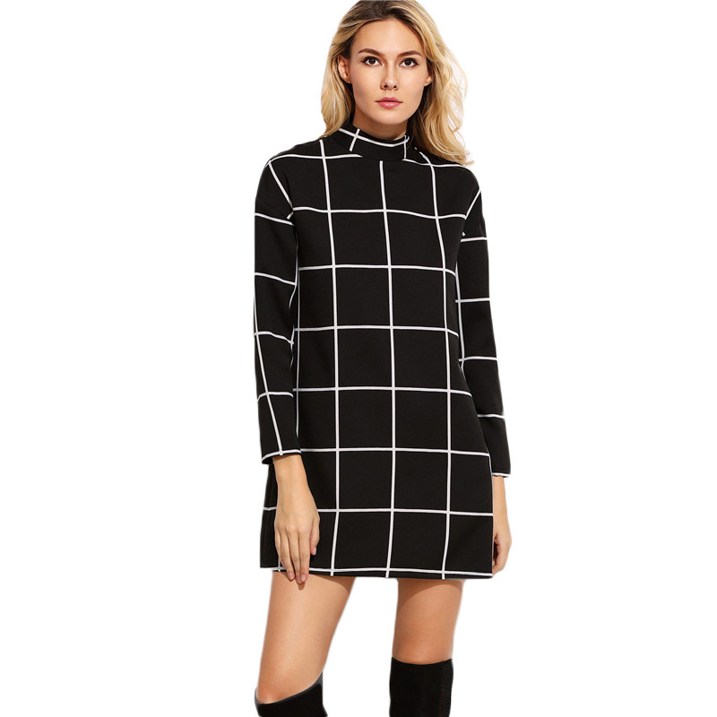 SheIn-Black-Grid-Women-Dresses-Fall-2016-Ladies-Office-Wear-Long-Sleeve-Dress-Elegant-Mock-Neck-Tuni-32755427914