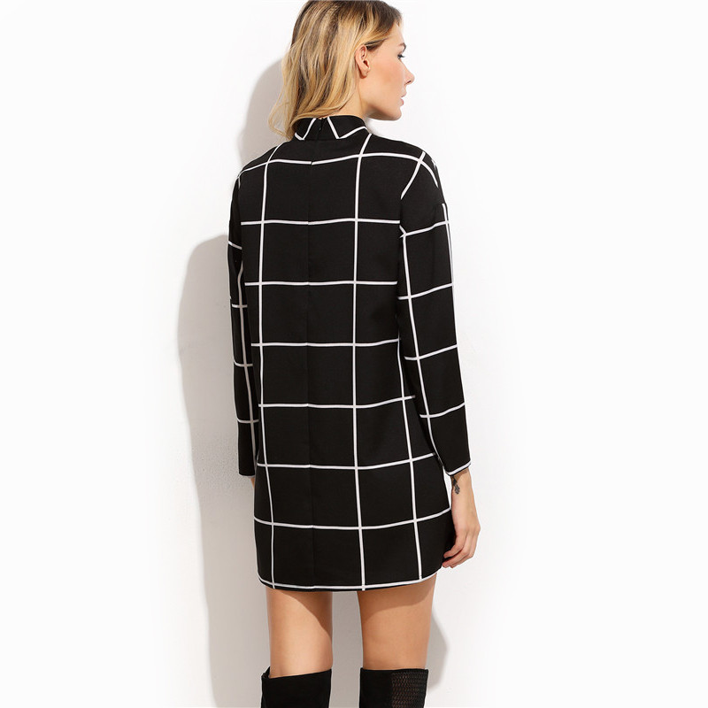 SheIn-Black-Grid-Women-Dresses-Fall-2016-Ladies-Office-Wear-Long-Sleeve-Dress-Elegant-Mock-Neck-Tuni-32755427914