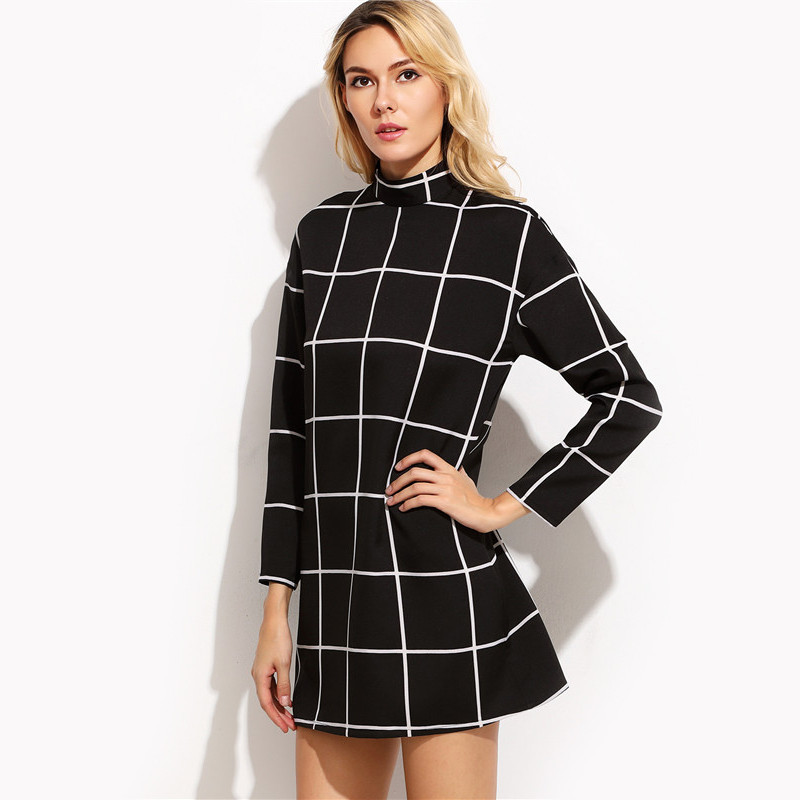 SheIn-Black-Grid-Women-Dresses-Fall-2016-Ladies-Office-Wear-Long-Sleeve-Dress-Elegant-Mock-Neck-Tuni-32755427914