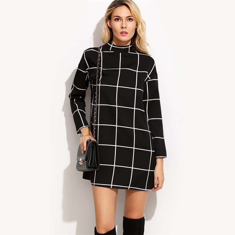 SheIn-Black-Grid-Women-Dresses-Fall-2016-Ladies-Office-Wear-Long-Sleeve-Dress-Elegant-Mock-Neck-Tuni-32755427914