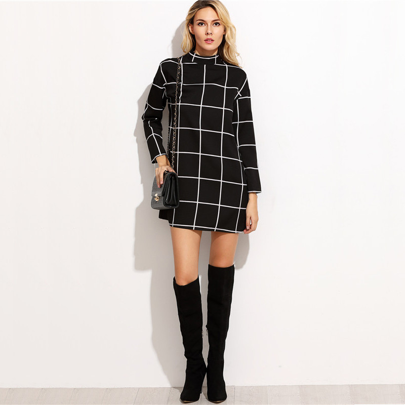 SheIn-Black-Grid-Women-Dresses-Fall-2016-Ladies-Office-Wear-Long-Sleeve-Dress-Elegant-Mock-Neck-Tuni-32755427914