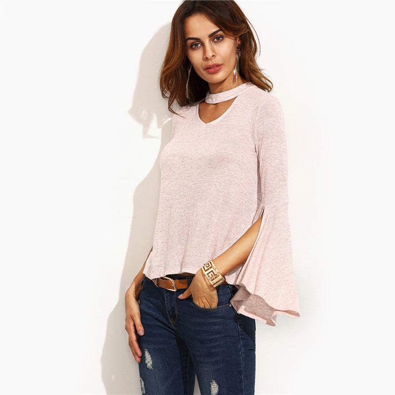 SheIn-Casual-Ladies-Tee-Shirt-For-Autumn-Womens-Fall-Tops-Plain-Pink-Cut-Out-V-Neck-Ruffle-Split-Lon-32728200197