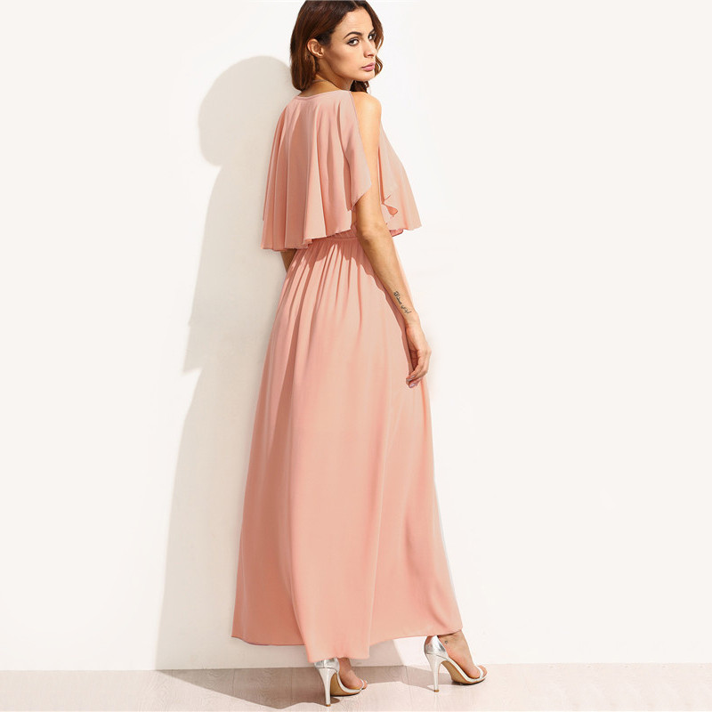 SheIn-Long-Dresses-For-Women-Summer-Style-Ladies-Plain-Pink-Spaghetti-Strap-Deep-V-Neck-Ruffle-Sleev-32735087224