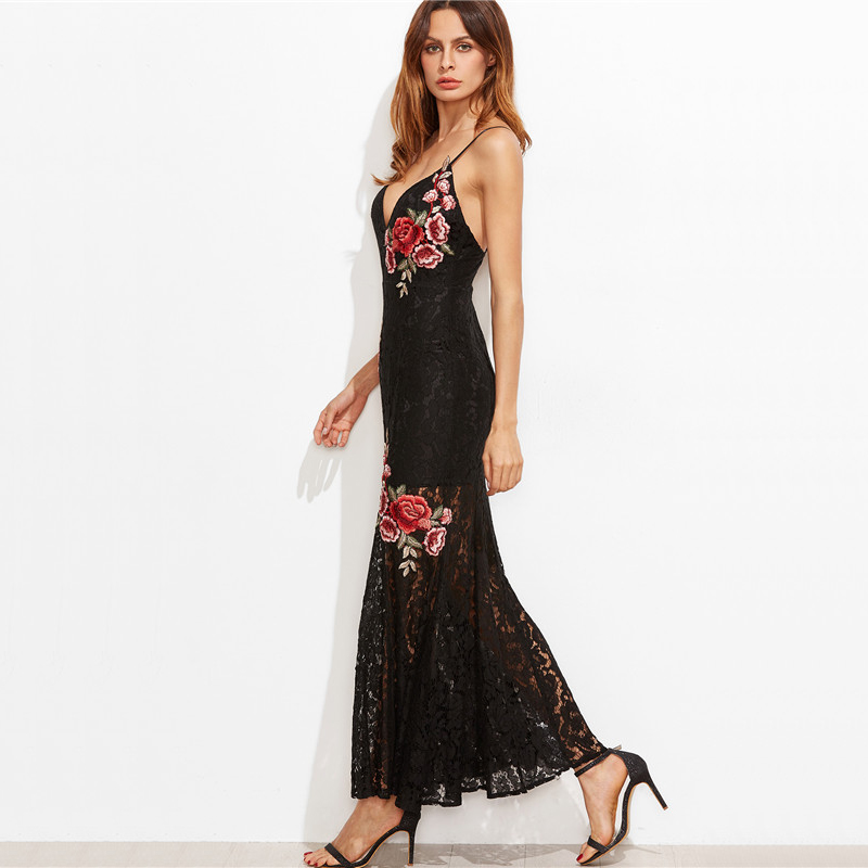 Shein Maxi Dresses Long Summer Women Party Dress Black Embroidered Rose Applique Lace Overlay