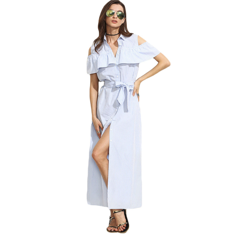 SheIn-New-Women-Long-Dresses-Summer-Ladies-Blue-Striped-Lapel-Short-Sleeve-Cold-Shoulder-Ruffle-Tie--32697048129