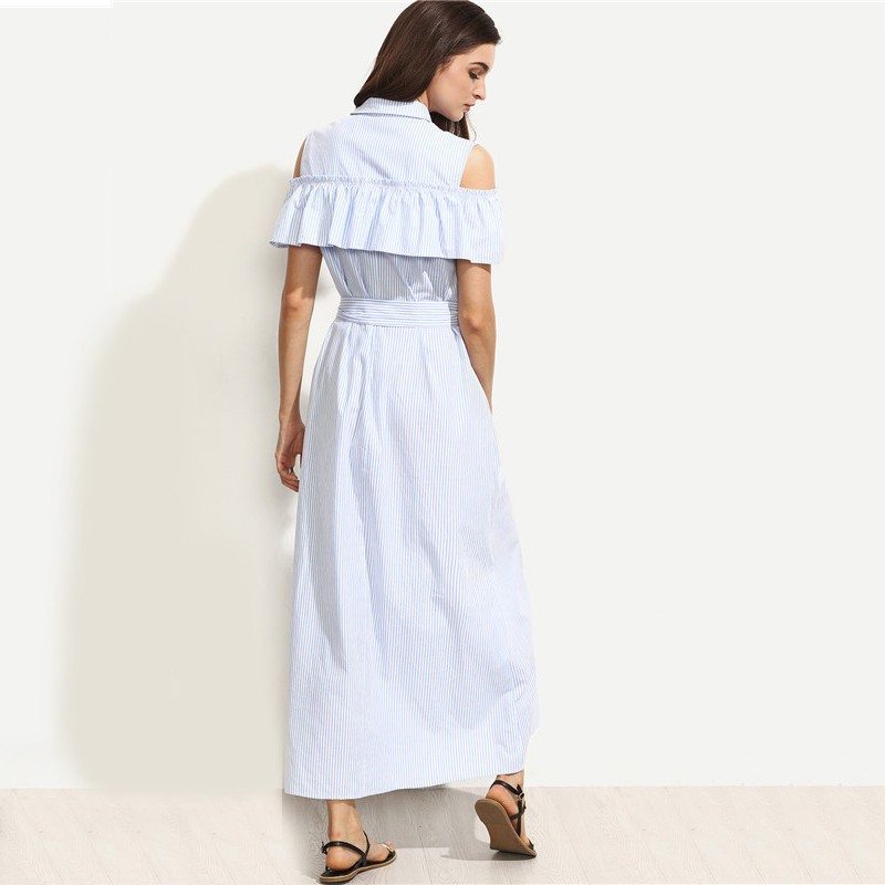 SheIn-New-Women-Long-Dresses-Summer-Ladies-Blue-Striped-Lapel-Short-Sleeve-Cold-Shoulder-Ruffle-Tie--32697048129