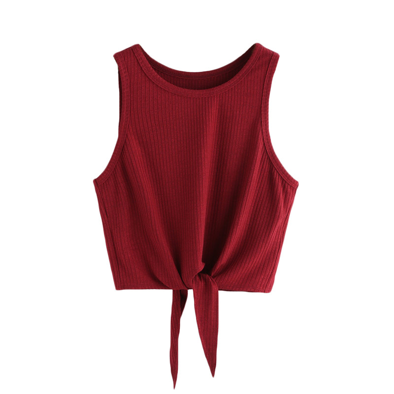 SheIn-Summer-Style-Tank-Top-For-Ladies-Casual-Tops-Woman-Plain-Round-Neck-Sleeveless-Tie-Front-Ribbe-32736276815