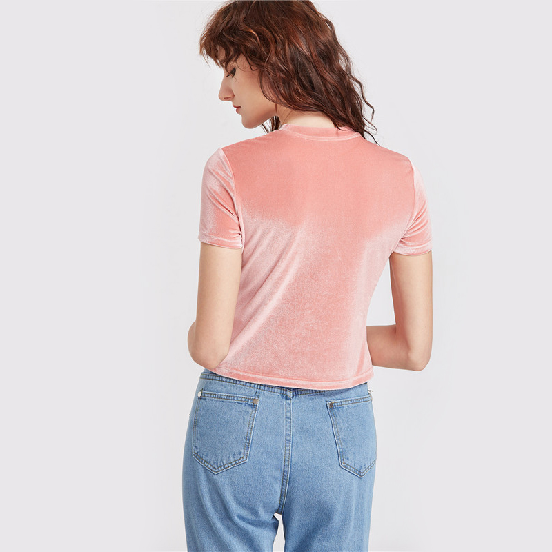 SheIn-Velvet-Top-Casual-Women-Tee-Shirts-Summer-Ladies-Pink-Letter-Embroidered-Crew-Neck-Short-Sleev-32794409243