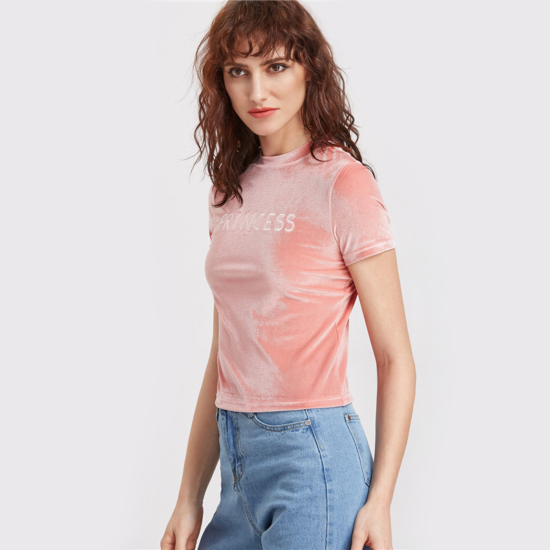 SheIn-Velvet-Top-Casual-Women-Tee-Shirts-Summer-Ladies-Pink-Letter-Embroidered-Crew-Neck-Short-Sleev-32794409243