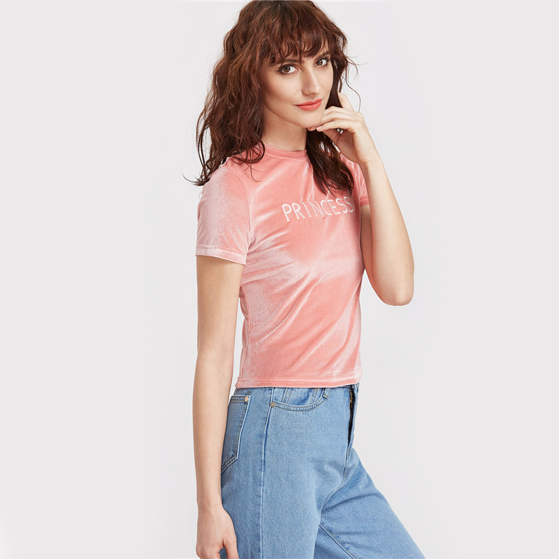 SheIn-Velvet-Top-Casual-Women-Tee-Shirts-Summer-Ladies-Pink-Letter-Embroidered-Crew-Neck-Short-Sleev-32794409243