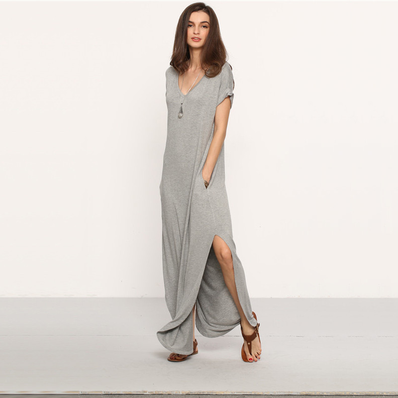 SheIn-Women-Summer-Casual-Shift-Dresses-Womens-Plain-Grey-V-Neck-Short-Sleeve-Rolled-cuff-Pockets-Sp-32681365701