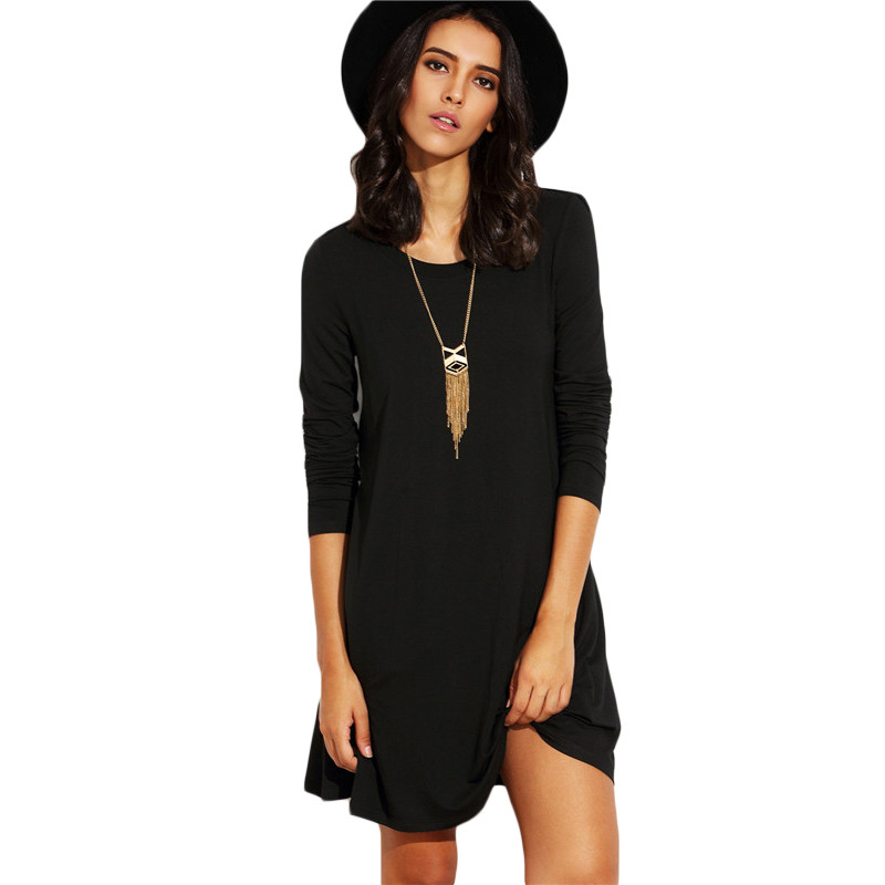 SheIn-Womens-Basic-Short-Dresses-For-Autumn-2016-Ladies-Solid-Black-Round-Neck-Long-Sleeve-A-Line-T--32723872359