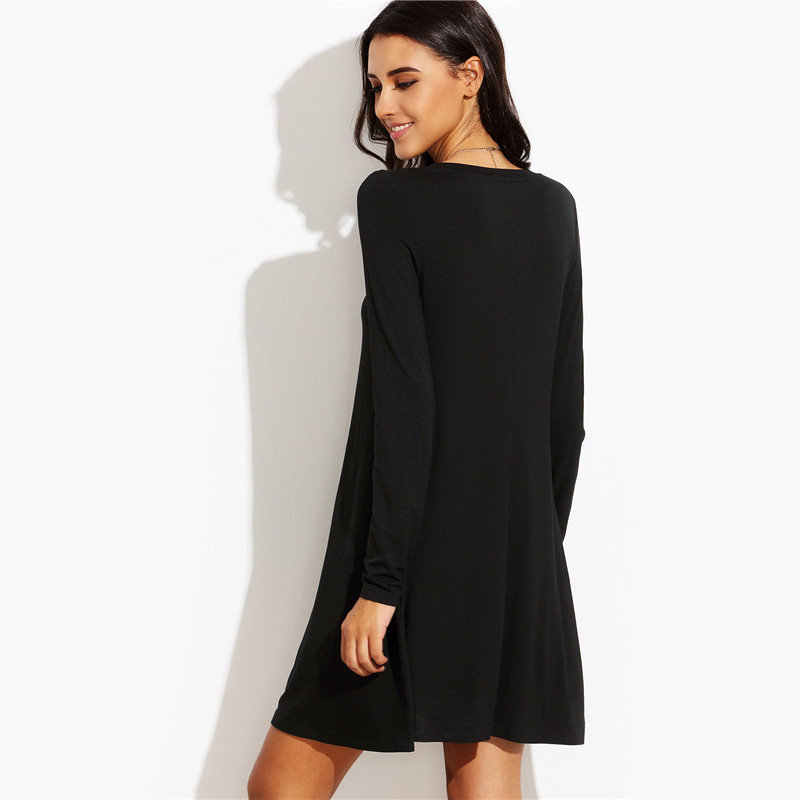 SheIn-Womens-Basic-Short-Dresses-For-Autumn-2016-Ladies-Solid-Black-Round-Neck-Long-Sleeve-A-Line-T--32723872359