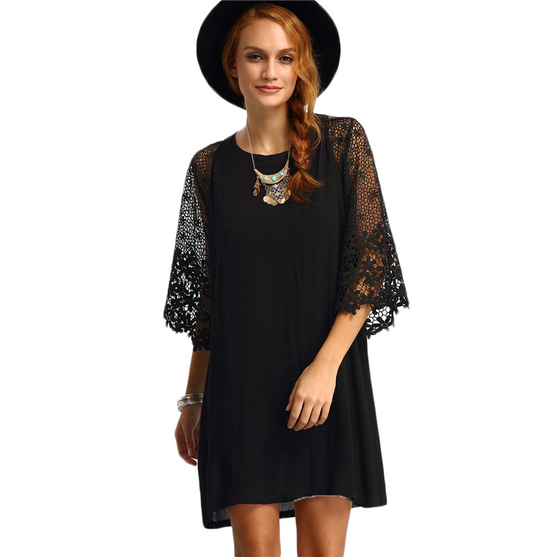 SheIn-Womens-Summer-Shift-Dresses-Ladies-Black-Hollow-Out-Crochet-Three-Quarter-Length-Sleeve-Round--32678098217