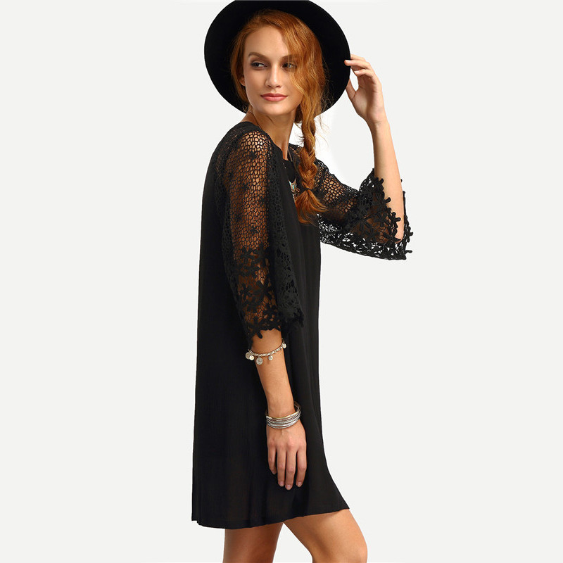 SheIn-Womens-Summer-Shift-Dresses-Ladies-Black-Hollow-Out-Crochet-Three-Quarter-Length-Sleeve-Round--32678098217