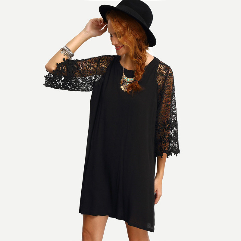 SheIn-Womens-Summer-Shift-Dresses-Ladies-Black-Hollow-Out-Crochet-Three-Quarter-Length-Sleeve-Round--32678098217