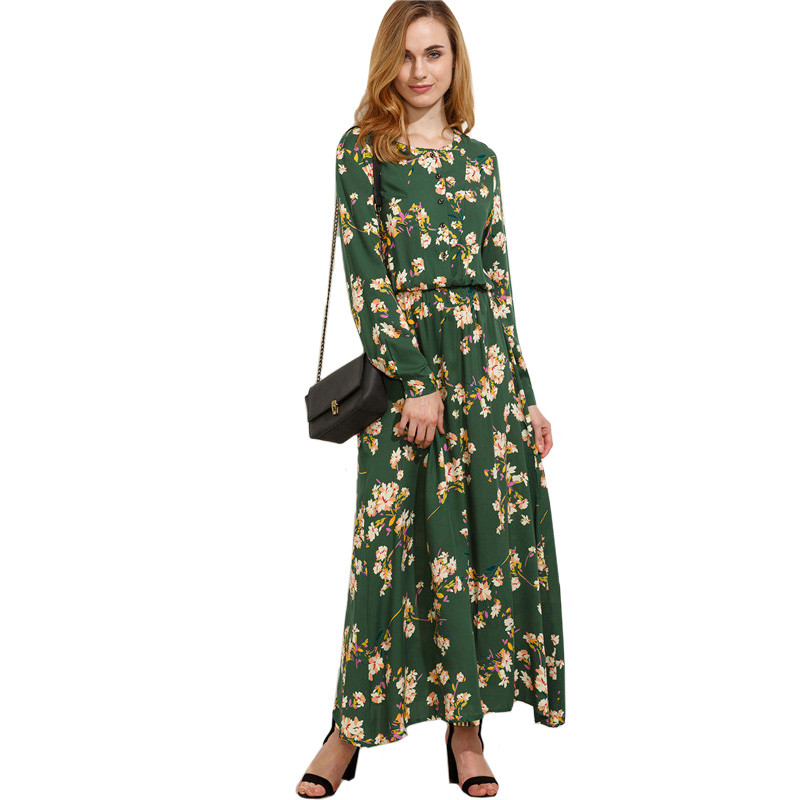 Sheinside-Green-Blossom-Print-Buttoned-Front-Bohemian-Long-Dress-Autumn-New-Style-Women-Round-Neck-L-32707220631