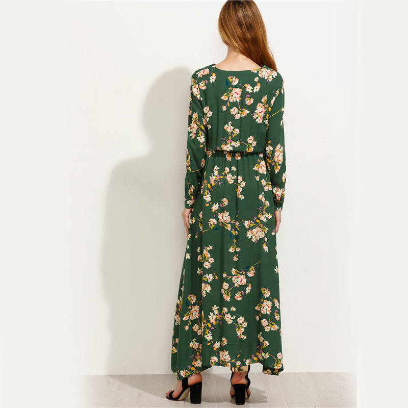 Sheinside-Green-Blossom-Print-Buttoned-Front-Bohemian-Long-Dress-Autumn-New-Style-Women-Round-Neck-L-32707220631