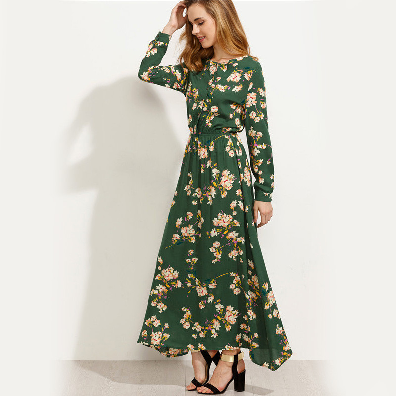 Sheinside-Green-Blossom-Print-Buttoned-Front-Bohemian-Long-Dress-Autumn-New-Style-Women-Round-Neck-L-32707220631