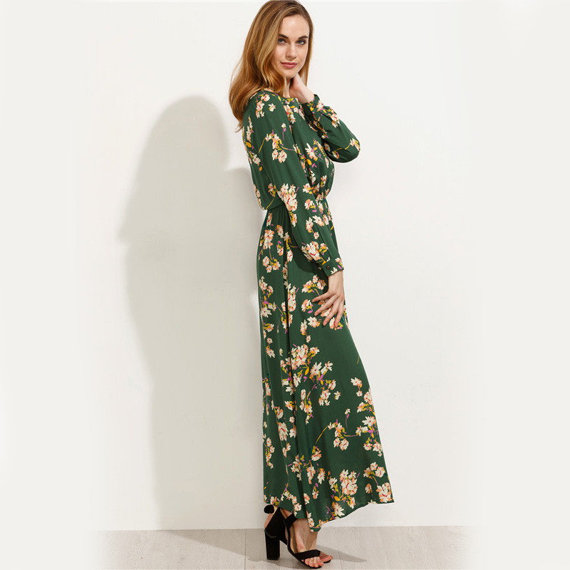 Sheinside-Green-Blossom-Print-Buttoned-Front-Bohemian-Long-Dress-Autumn-New-Style-Women-Round-Neck-L-32707220631