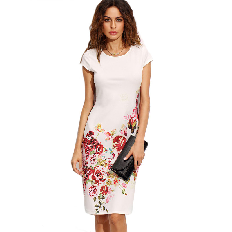 Sheinside-White-Rose-Print-Cap-Sleeve-Short-Dress-Office-Ladies-O-Neck-Sheath-Dress-Work-Wear-Elegan-32741947601