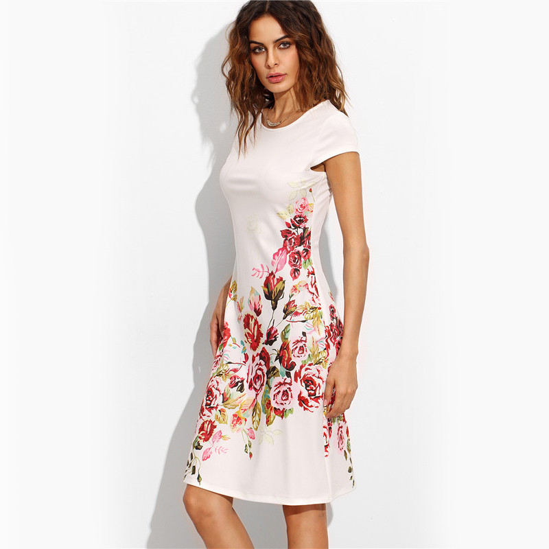 Sheinside-White-Rose-Print-Cap-Sleeve-Short-Dress-Office-Ladies-O-Neck-Sheath-Dress-Work-Wear-Elegan-32741947601