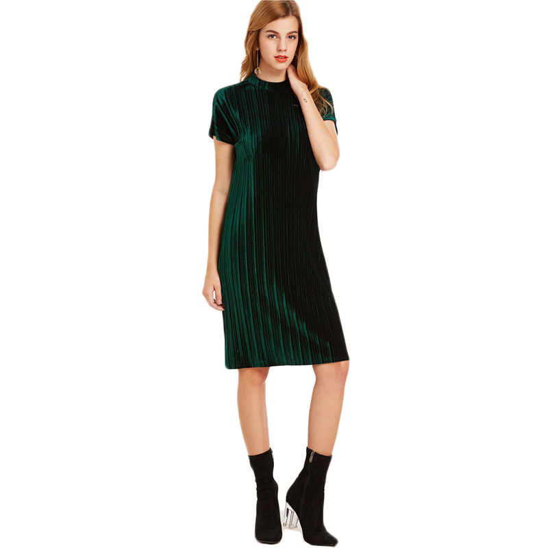 Sheinside-Women-Office-Knee-Length-Short-Sleeve-Straight-Dress-Dark-Green-Mock-Neck-Zip-Up-Striped-V-32789390577