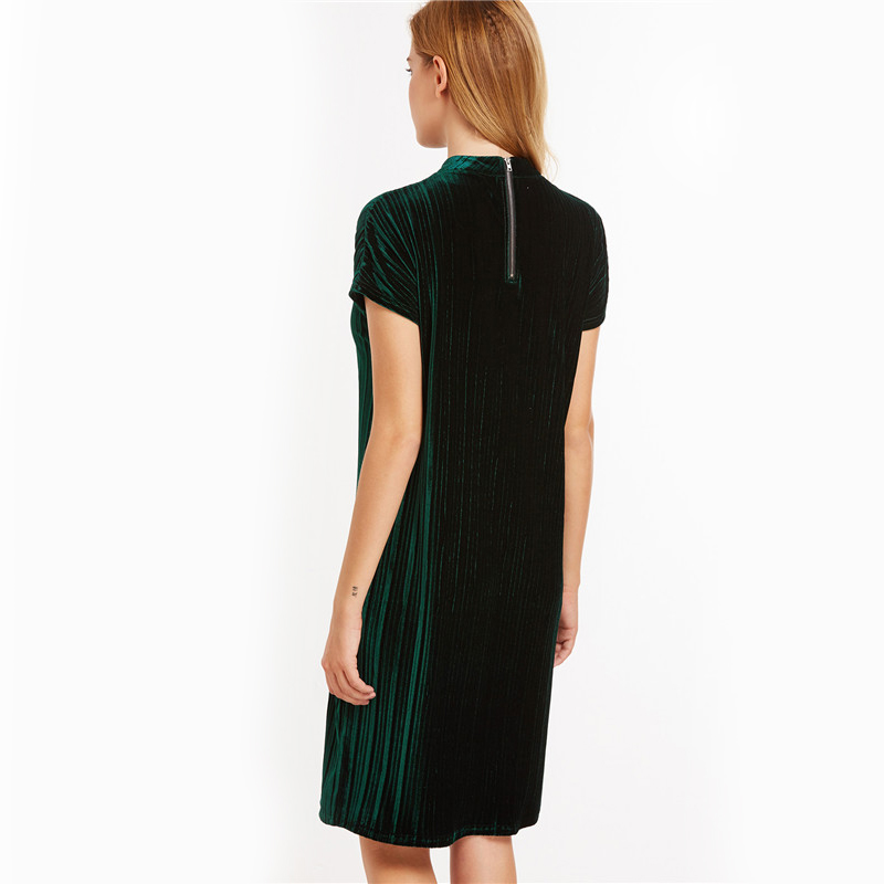 Sheinside-Women-Office-Knee-Length-Short-Sleeve-Straight-Dress-Dark-Green-Mock-Neck-Zip-Up-Striped-V-32789390577