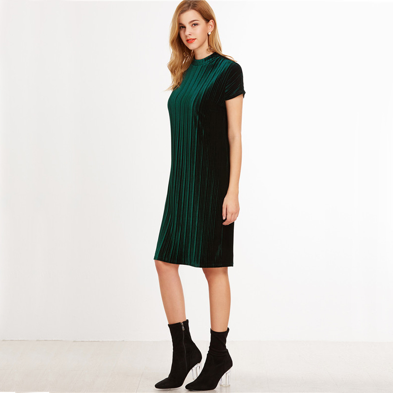 Sheinside-Women-Office-Knee-Length-Short-Sleeve-Straight-Dress-Dark-Green-Mock-Neck-Zip-Up-Striped-V-32789390577