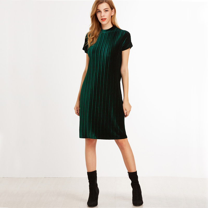 Sheinside-Women-Office-Knee-Length-Short-Sleeve-Straight-Dress-Dark-Green-Mock-Neck-Zip-Up-Striped-V-32789390577