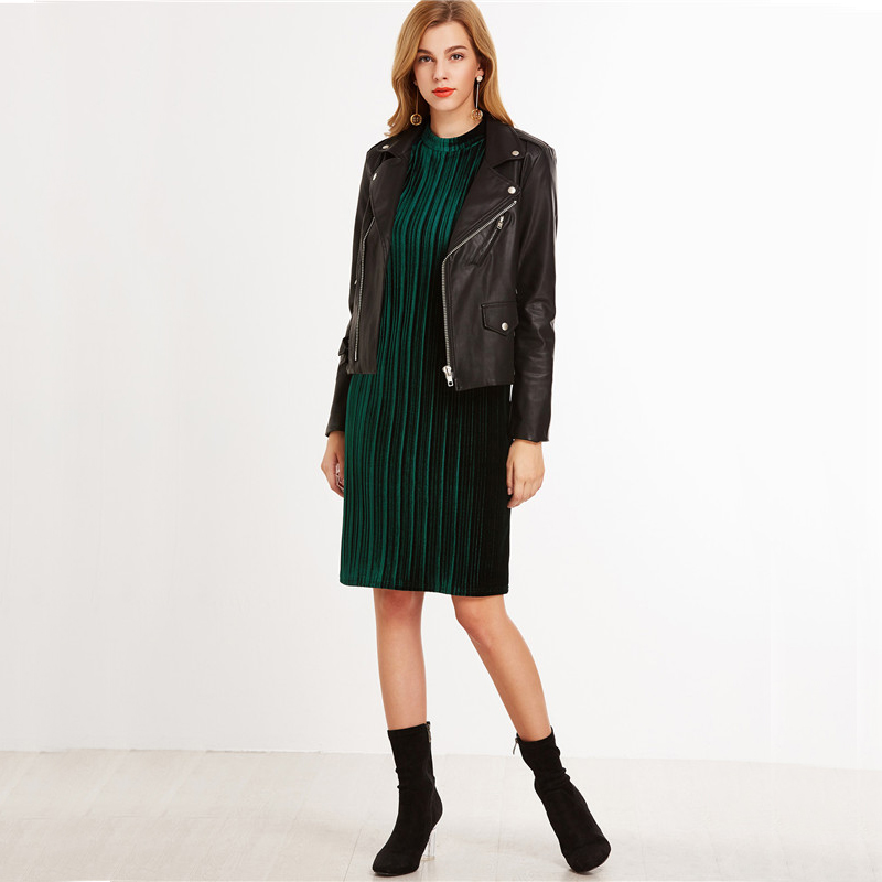 Sheinside-Women-Office-Knee-Length-Short-Sleeve-Straight-Dress-Dark-Green-Mock-Neck-Zip-Up-Striped-V-32789390577