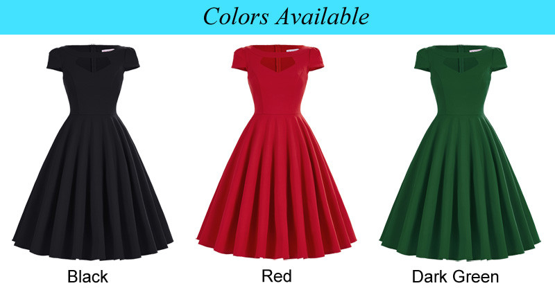 Short-Sleeve-Pin-Up-Big-Swing-50s-Dress-Summer-Vintage-Green-Red-Black-Hollowed-Front-Knee-Length-Re-32730524827