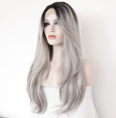 Silk-Straight-Ombre-Silver-Grey-Heat-Resistant-Synthetic-Lace-Front-Wig-2-Tones-Natural-BlackGrey-Ha-32596190153