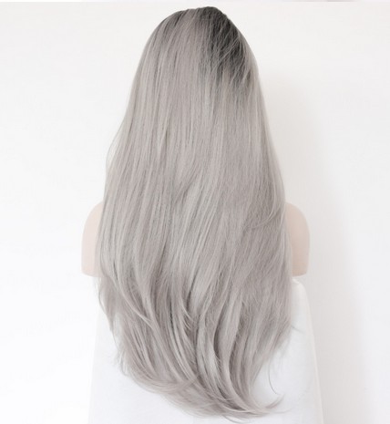 Silk-Straight-Ombre-Silver-Grey-Heat-Resistant-Synthetic-Lace-Front-Wig-2-Tones-Natural-BlackGrey-Ha-32596190153