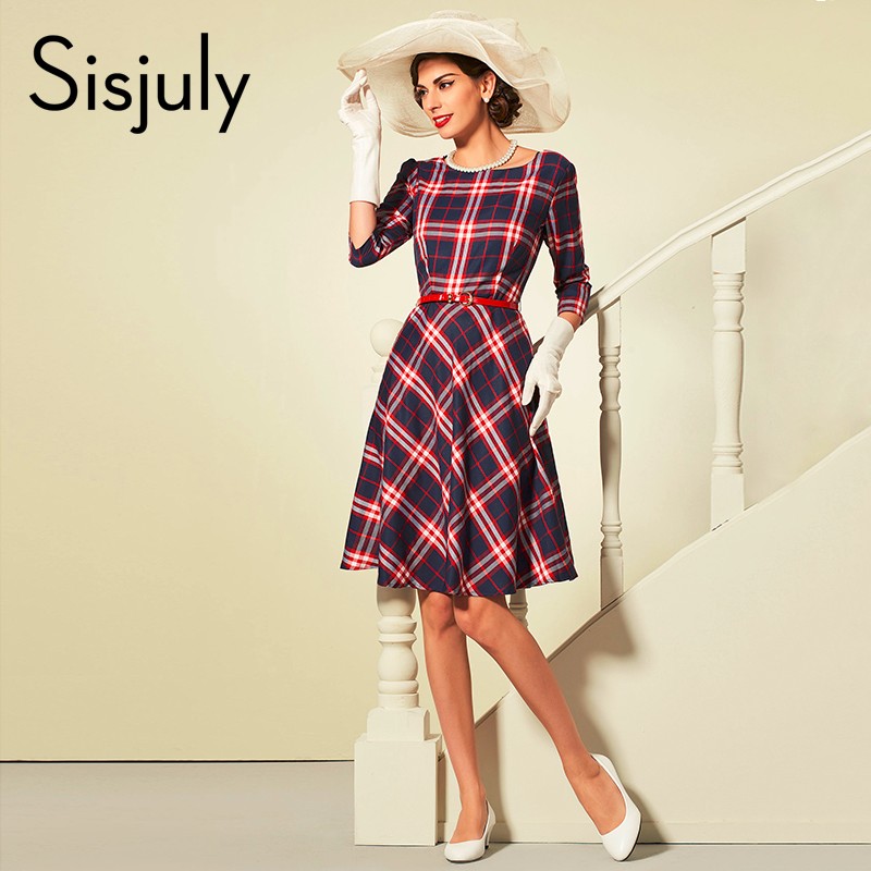 Sisjuly-women-dress-style-autumn-office-dresses-sashes-half-sleeves-winter-party-dress-blue-red-plai-32706166256