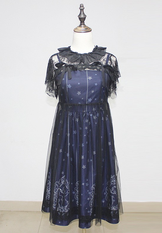 Sky-Constellation-Gothic-Lolita-Dress-vestidos-Dark-Blue-JSK-Veil-Tunic-Night-Angel-Pattern-Short-Sl-32710500281