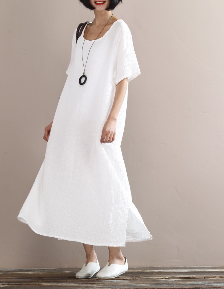 Solid-colors-cotton-linen-long-dress-2016-Summer-women-loose-waist-casual-gown-Short-sleeve-large-si-32674155641