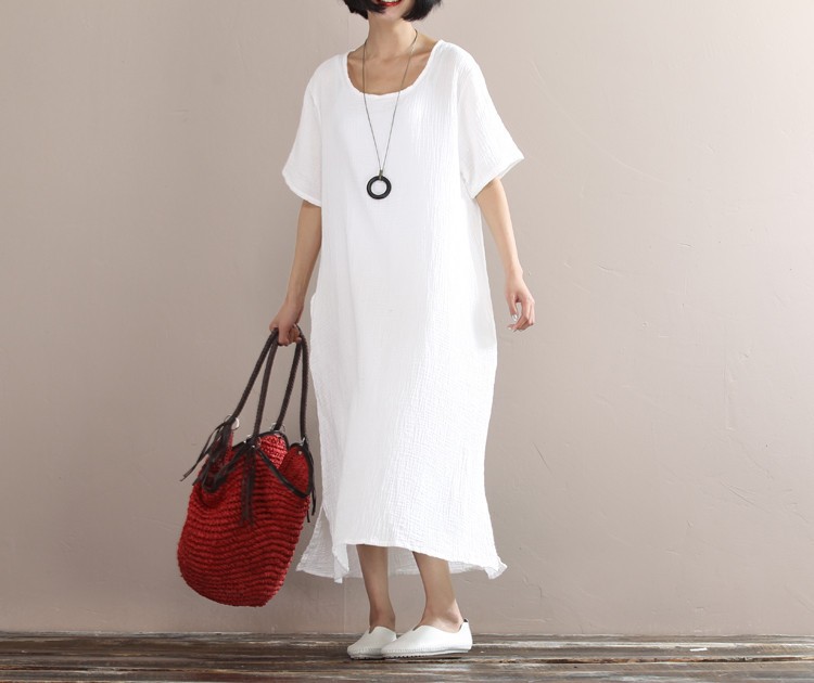 Solid-colors-cotton-linen-long-dress-2016-Summer-women-loose-waist-casual-gown-Short-sleeve-large-si-32674155641