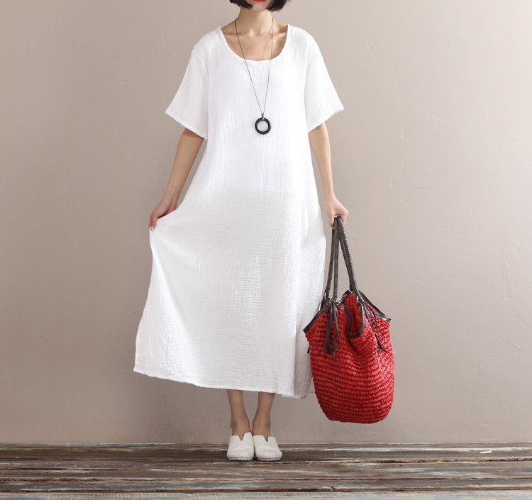 Solid-colors-cotton-linen-long-dress-2016-Summer-women-loose-waist-casual-gown-Short-sleeve-large-si-32674155641