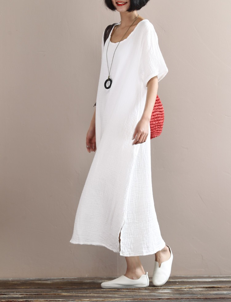 Solid-colors-cotton-linen-long-dress-2016-Summer-women-loose-waist-casual-gown-Short-sleeve-large-si-32674155641