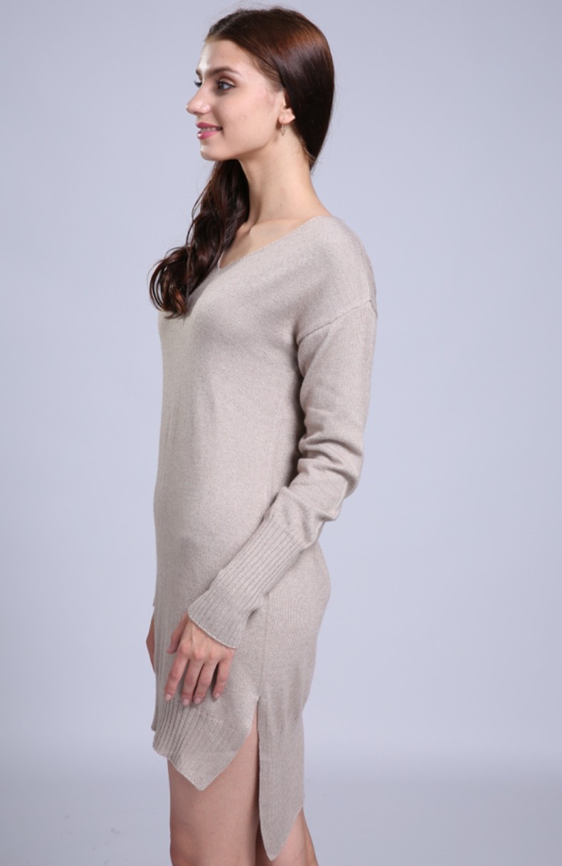 Sparsil-Women39s-Autumn-Simple-V-Neck-Long-Sleeve-Cashmere-Blend-Dress-Winter-Fashion-Irregular-Hem--32715341928