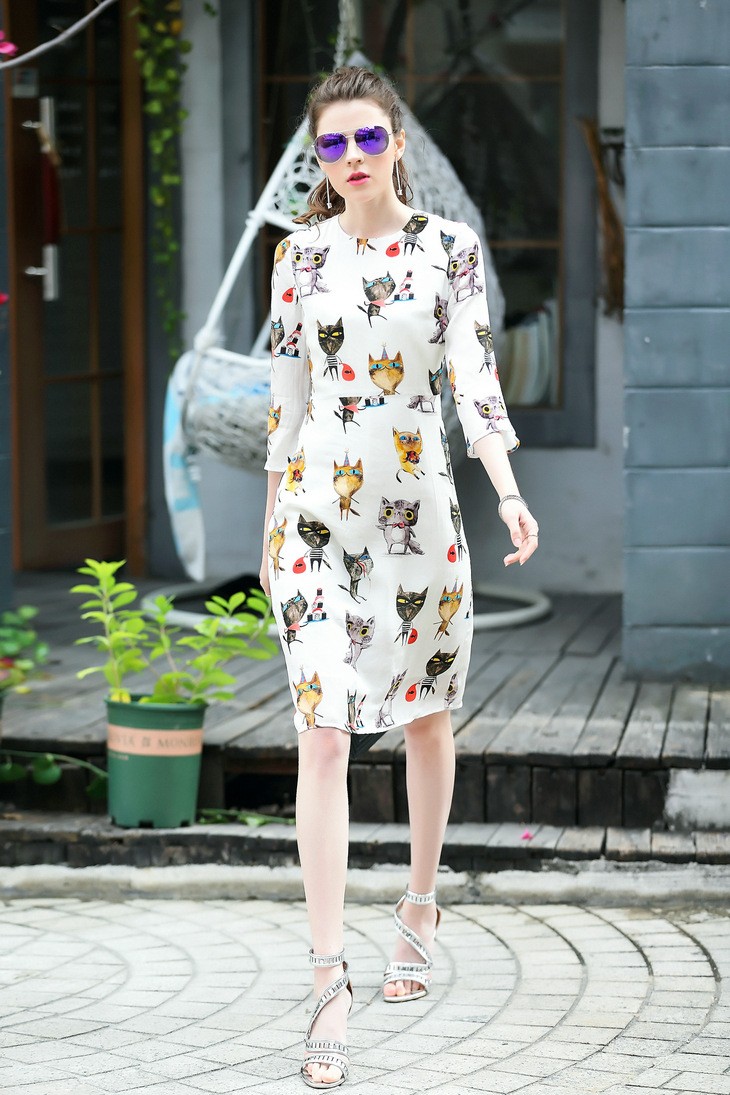 Spring-2017-Fashion-Newest-Print-Slim-Women-Dress-Casual-White-Black-Three-Quarter-Sleeve-Above-Knee-32786689777