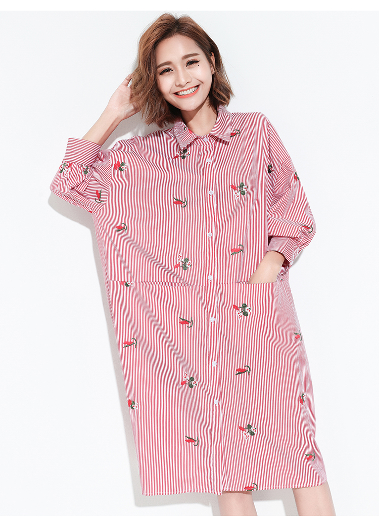 Striped-Lapel-Shirt-Dress-Batwing-Sleeve-Print-Embroidery-Shirt-Dress-Three-Quarter-Sleeve-Fow-Women-32804235965