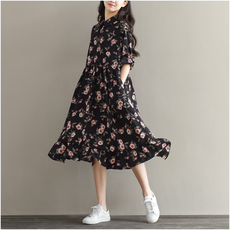 Summer-Dress-Floral-Print-Loose-Waist-Women-Dress-Turn-Down-Collar-Dress-Black-Color-Plus-Size-Women-32695353839