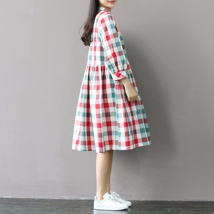 Summer-Dress-Short-Sleeve-Turn-Down-Collar-Cotton-Linen-Dress-Plaid-Print-High-Waist-Casual-Women-Dr-32695185525