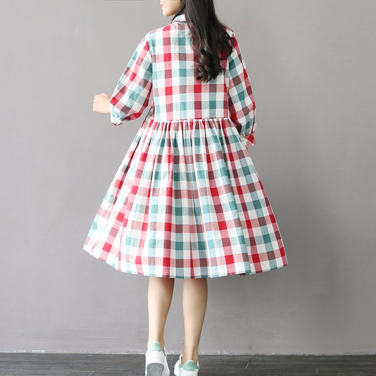 Summer-Dress-Short-Sleeve-Turn-Down-Collar-Cotton-Linen-Dress-Plaid-Print-High-Waist-Casual-Women-Dr-32695185525