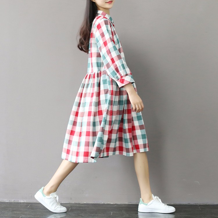 Summer-Dress-Short-Sleeve-Turn-Down-Collar-Cotton-Linen-Dress-Plaid-Print-High-Waist-Casual-Women-Dr-32695185525